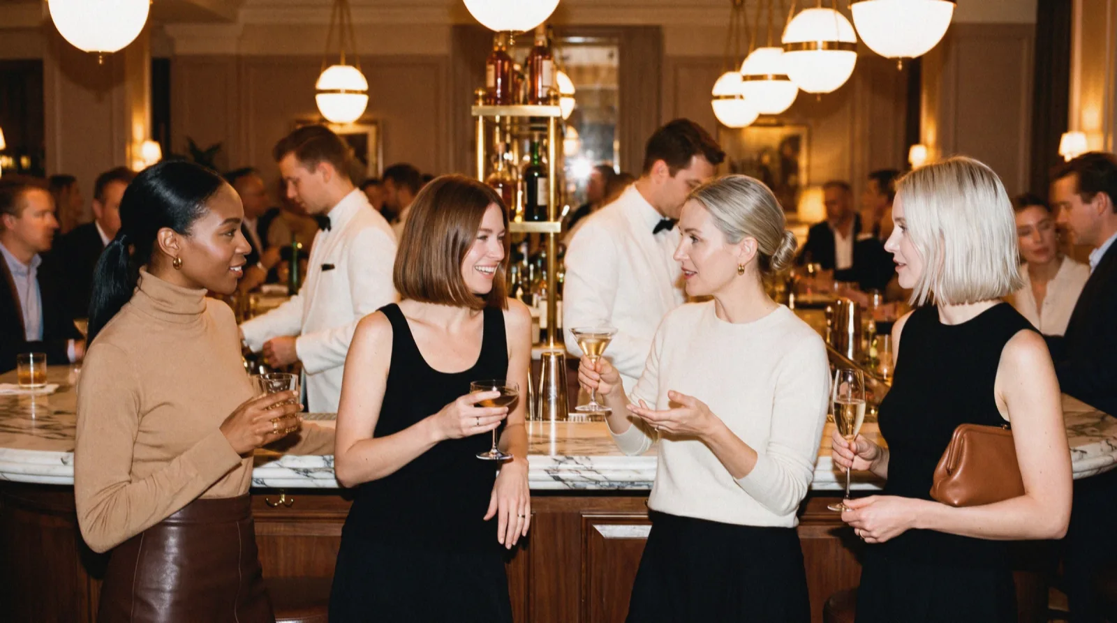 Friends in conversation at a marble bar under globe lamps, a bartender in a white jacket behind them.