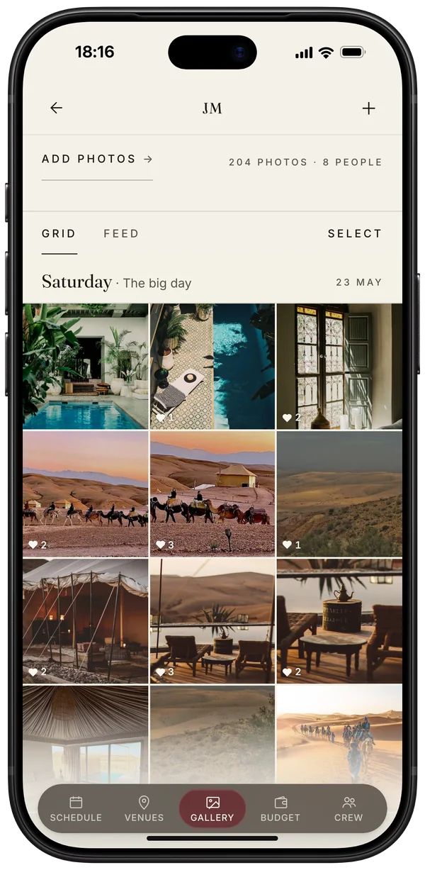 iPhone showing the shared album: 204 photos from eight people, Saturday first &mdash; the riad pool, camels on the ridge, the tent at Agafay
