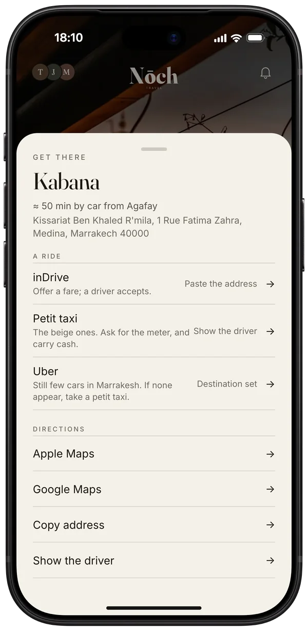 iPhone showing the Get there sheet for Kabana, 50 minutes by car from Agafay: inDrive, a petit taxi and Uber, then Apple Maps, Google Maps, Copy address and Show the driver