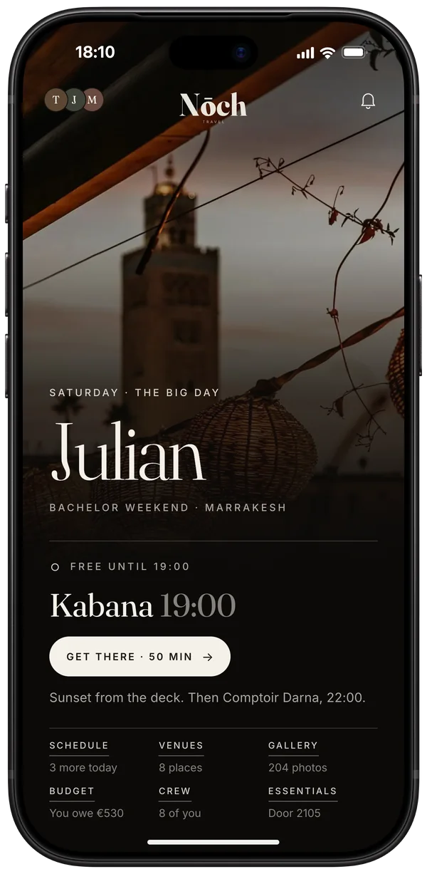 iPhone showing the app&rsquo;s home screen at 18:10 on Saturday: free until 19:00, then Kabana, with Get there, 50 minutes