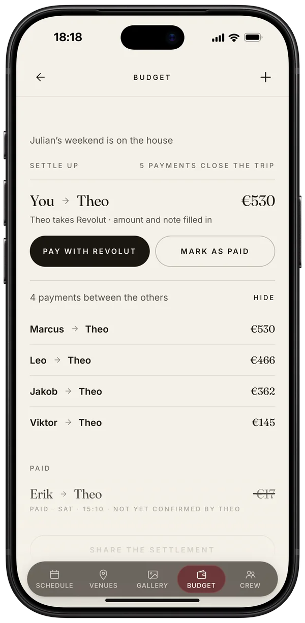 iPhone showing Settle up, with Julian&rsquo;s weekend on the house: you owe Theo €530, with Pay with Revolut, and the four payments between the others