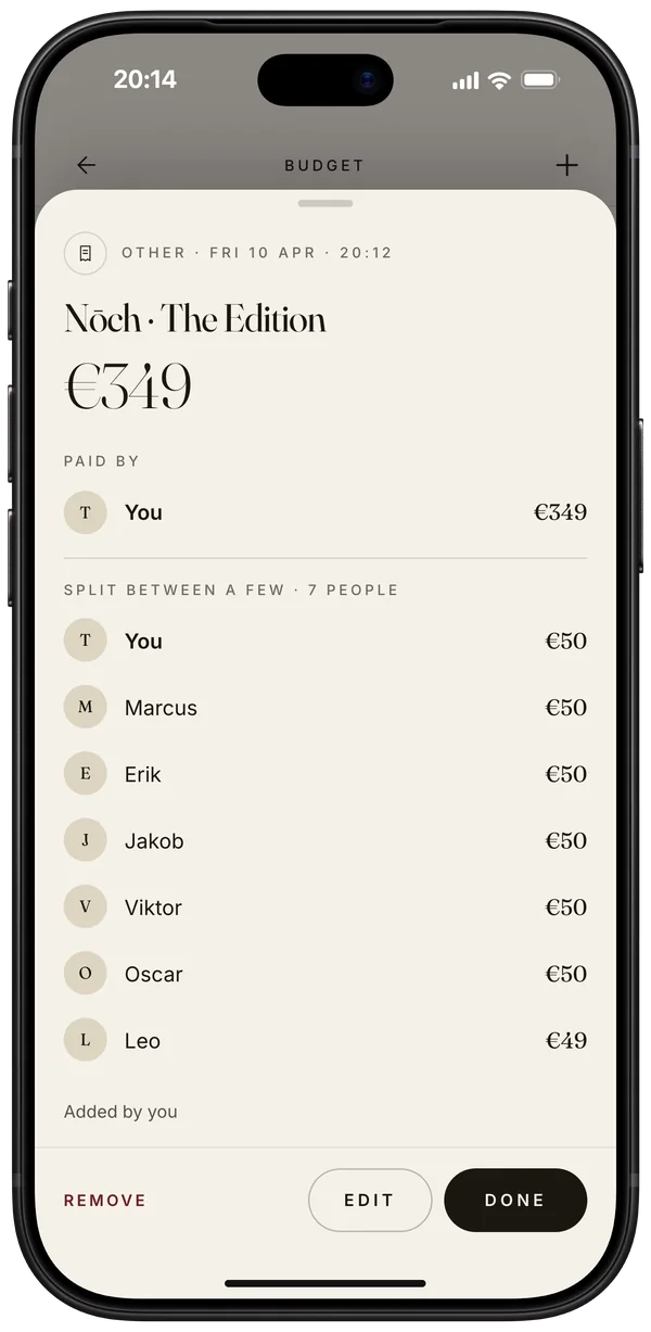 iPhone showing the first expense as the organiser sees it: Nōch · The Edition, €349, paid by you and split between seven, about €50 each, the groom left out