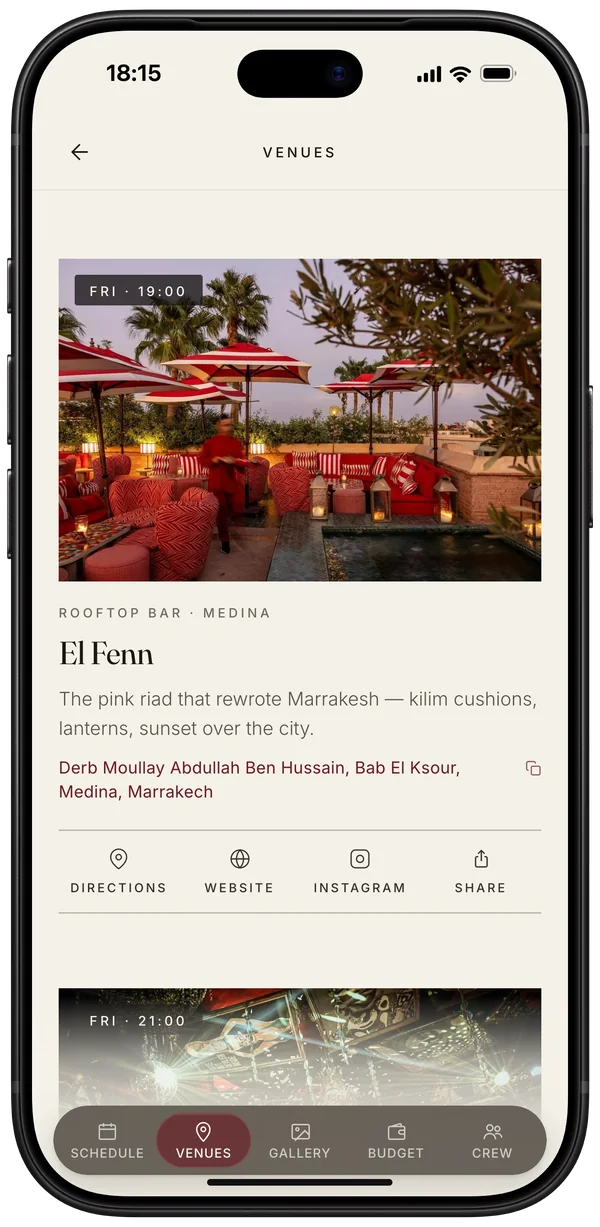 iPhone showing the venues, at El Fenn, the rooftop bar in the Medina: its address, then Directions, Website, Instagram and Share, with L&rsquo;&Eacute;picurien next