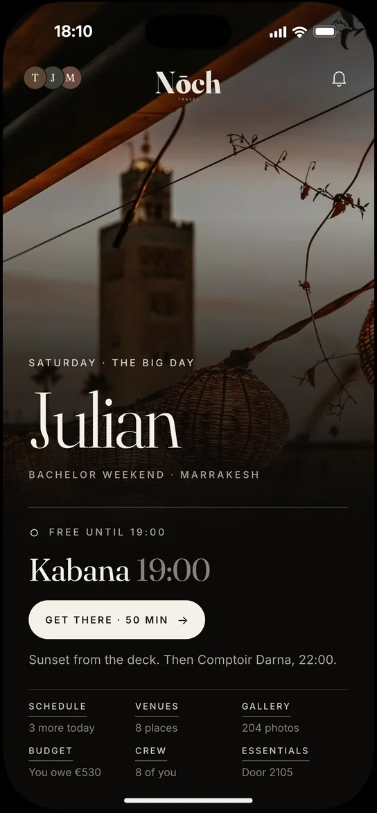 The app&rsquo;s home screen at 18:10 on Saturday: free until 19:00, then Kabana, with Get there, 50 minutes