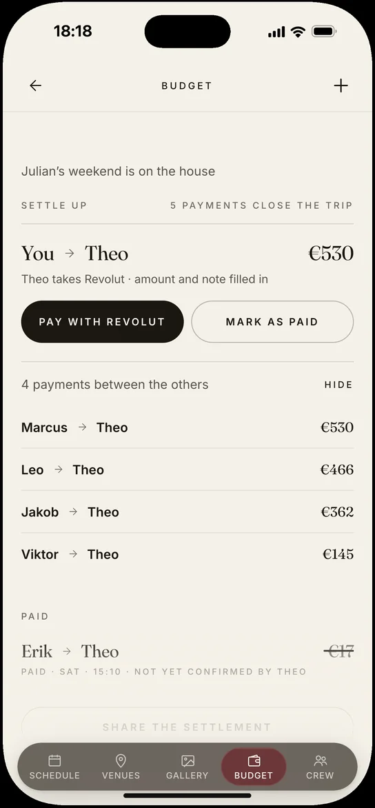 Settle up, with Julian&rsquo;s weekend on the house: you owe Theo €530, with Pay with Revolut, and the four payments between the others