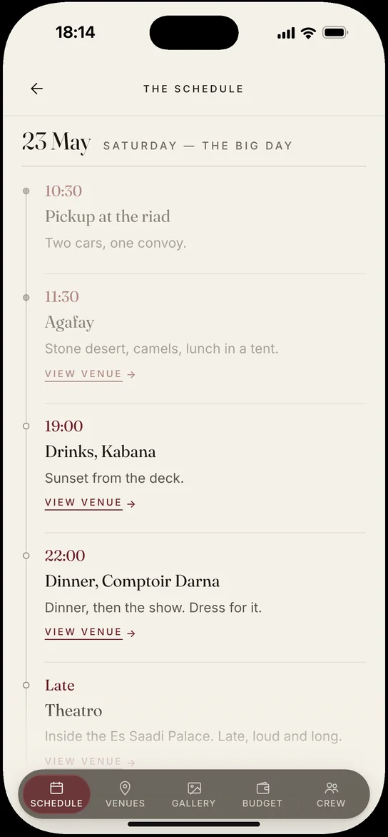 Saturday 23 May in the schedule: the pickup and Agafay behind, Kabana at 19:00, Comptoir Darna at 22:00, then Theatro