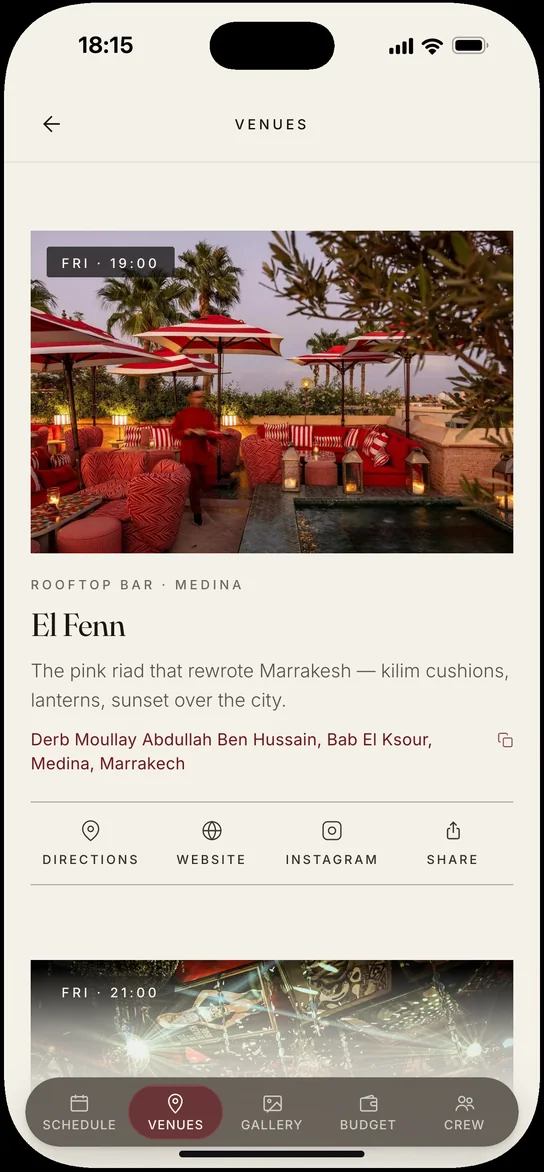 The venues, at El Fenn, the rooftop bar in the Medina: its address, then Directions, Website, Instagram and Share, with L&rsquo;&Eacute;picurien next
