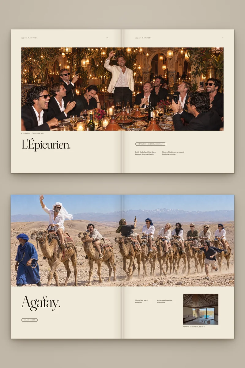 Two spreads lying open on stone: the crew toasting at a long lantern-lit dinner at L&rsquo;&Eacute;picurien, and the crew on camels across the Agafay desert.