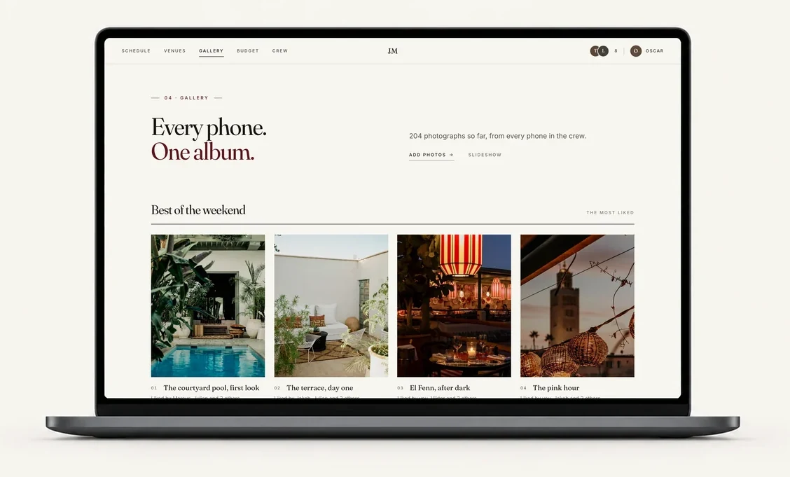The trip site&rsquo;s album on a laptop screen: the four most-liked photographs of the weekend, then all 204 by day