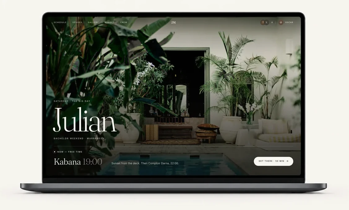 Julian&rsquo;s private trip site on a laptop screen at 18:10 on the big day: free time, then Kabana at 19:00, 50 minutes away